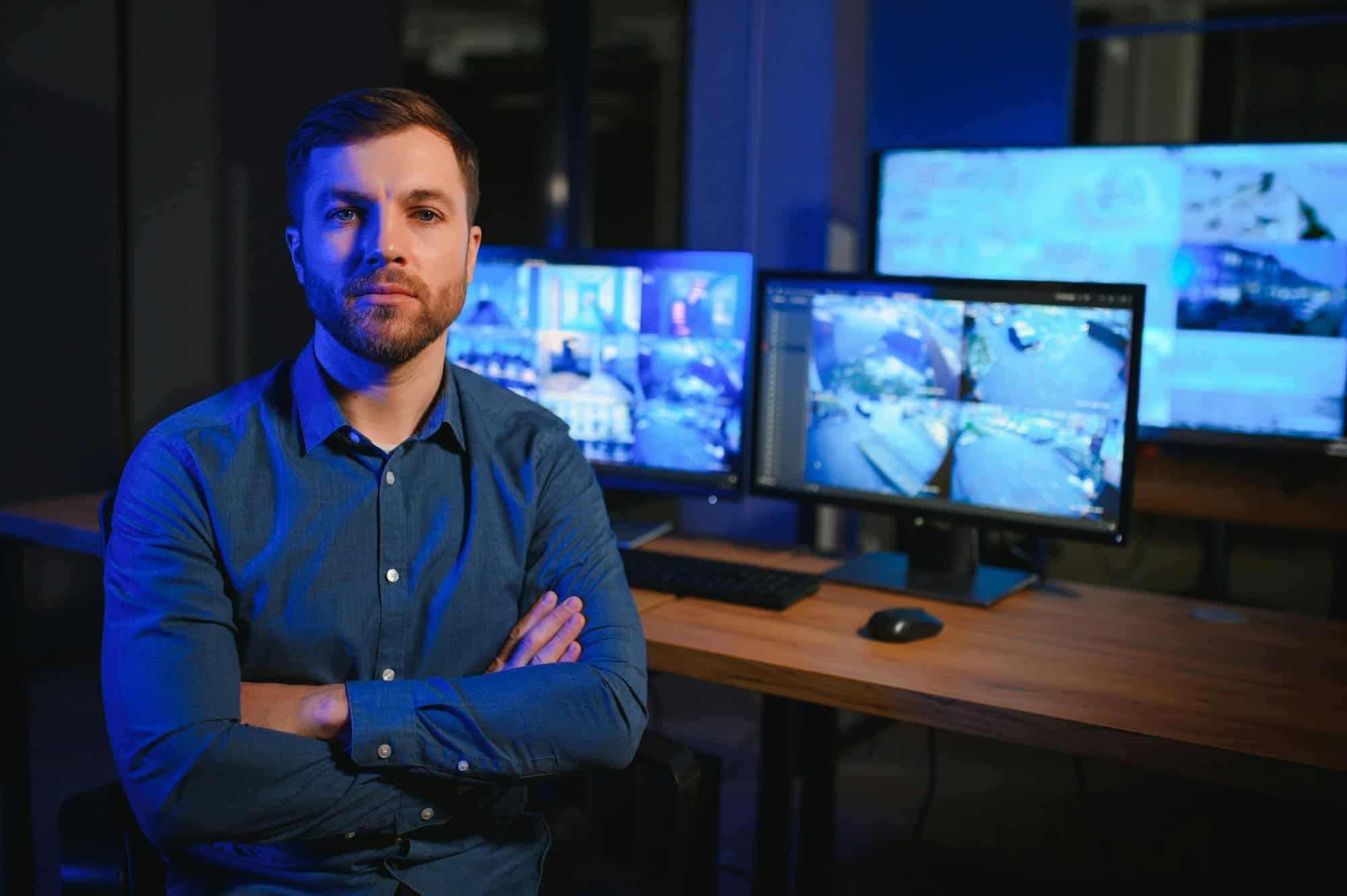 Male security guard monitoring modern CCTV cameras indoors